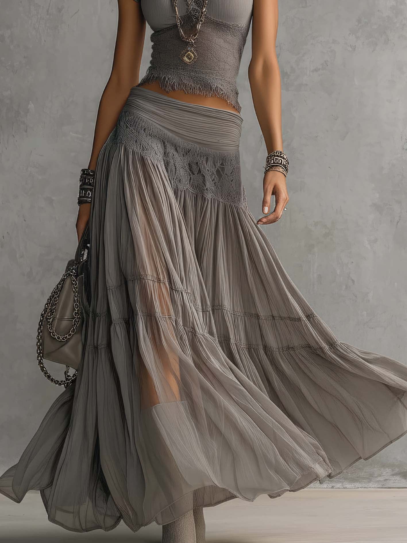 Ludovica | Completo elegante in pizzo e gonna plissettata