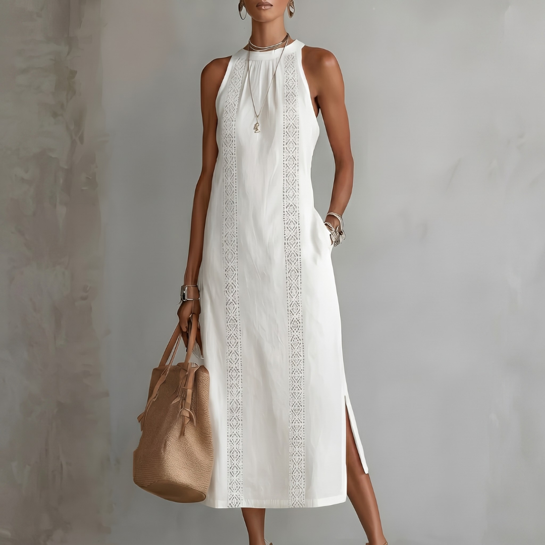 Chiara | Abito midi in lino con colletto alla coreana