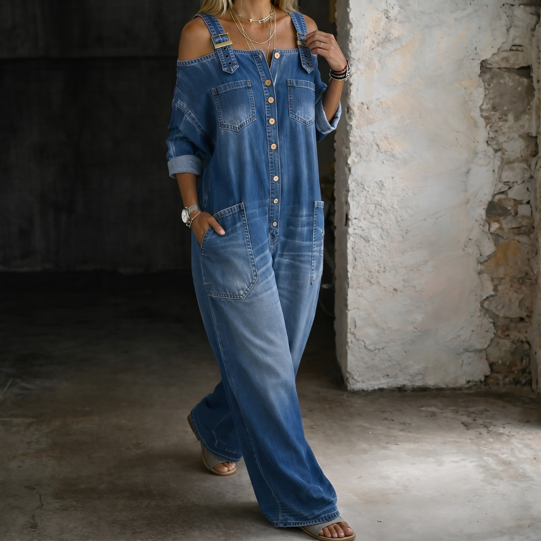 Caterina | Tuta ampia in denim con spalle scoperte