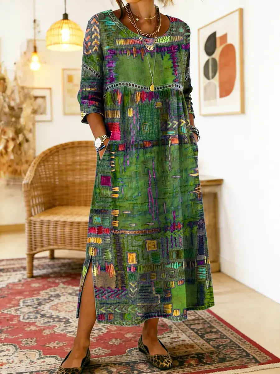 Aurora | Abito midi con stampa patchwork artistica