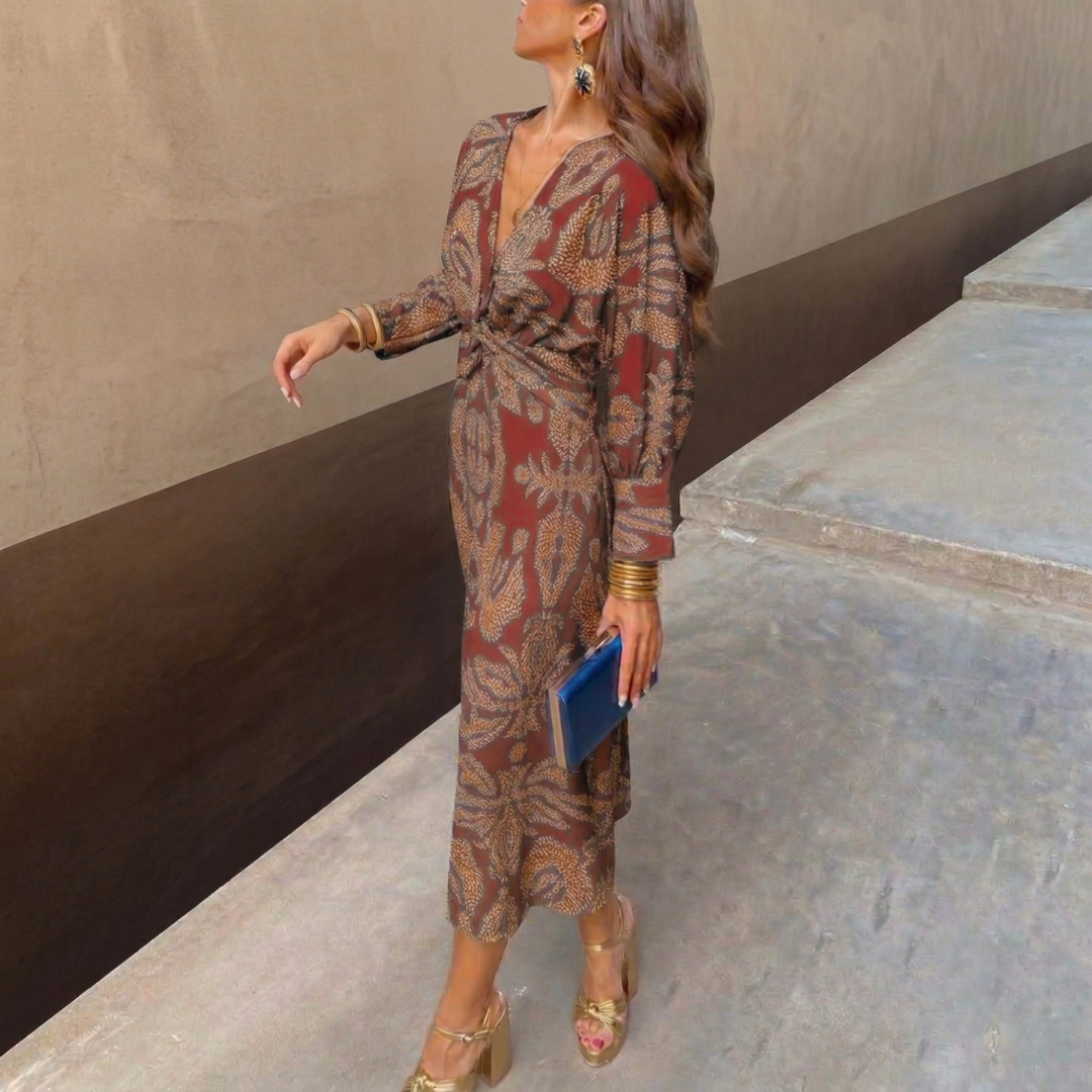 Isadora™ – Abito Midi Elegante con Nodo in Vita e Stampa Artistica