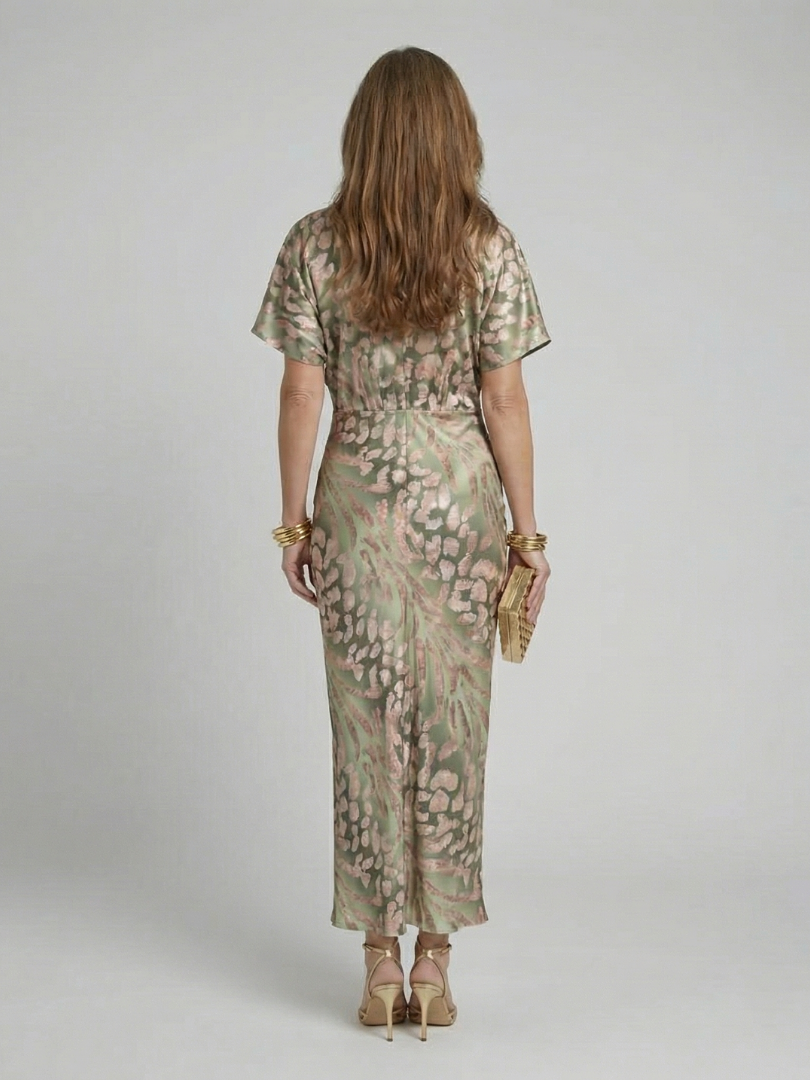 Federica | Abito midi con stampa botanica e vita drappeggiata