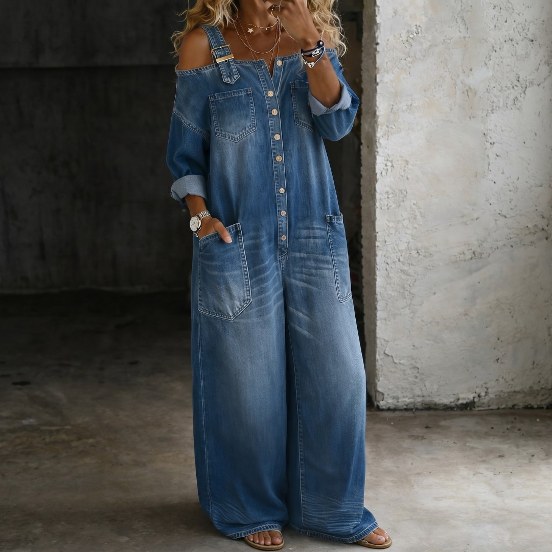 Caterina | Tuta ampia in denim con spalle scoperte