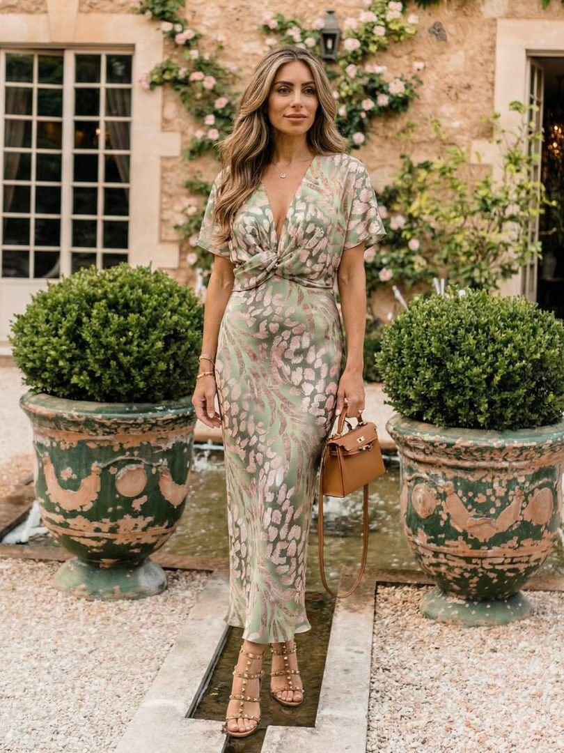Federica | Abito midi con stampa botanica e vita drappeggiata