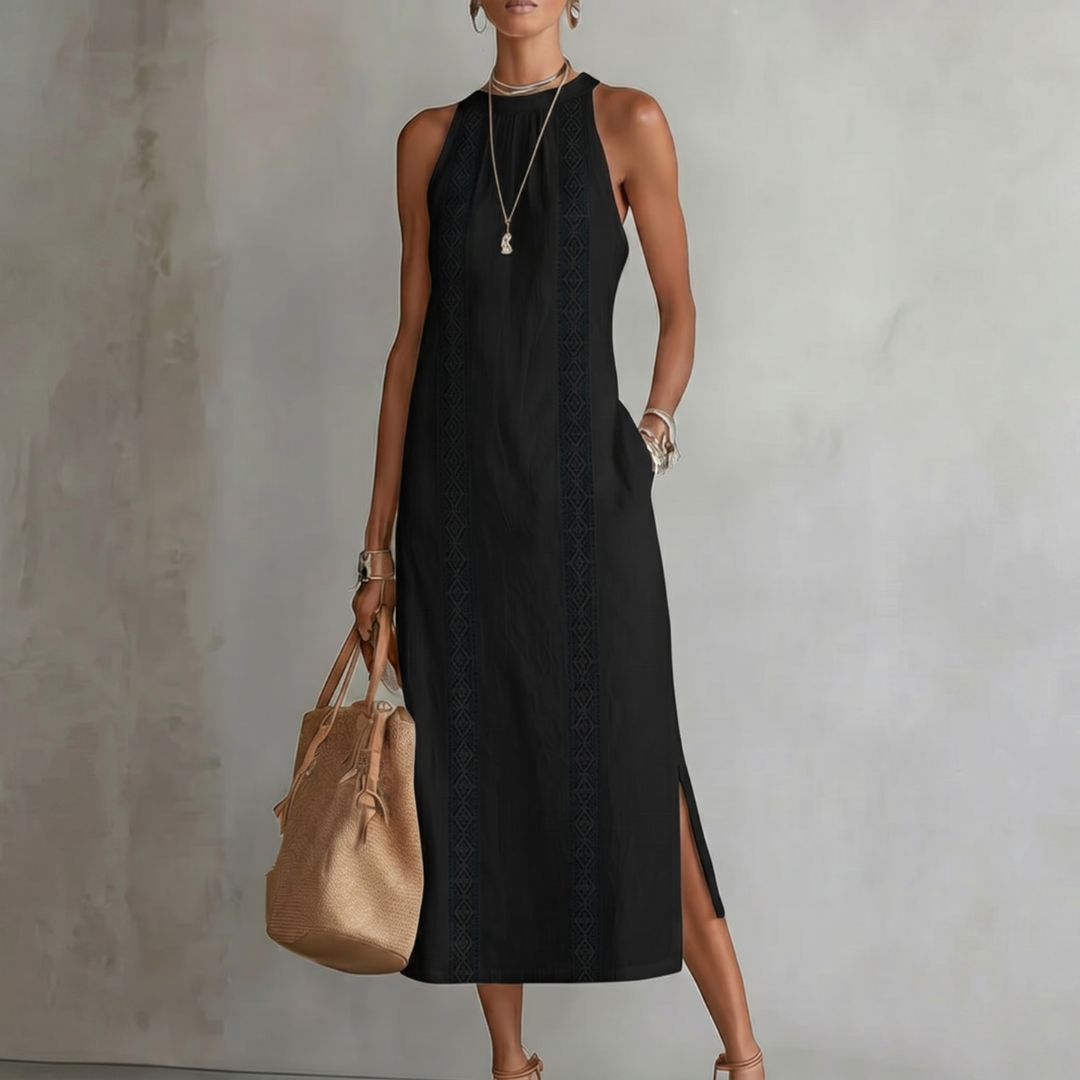 Chiara | Abito midi in lino con colletto alla coreana