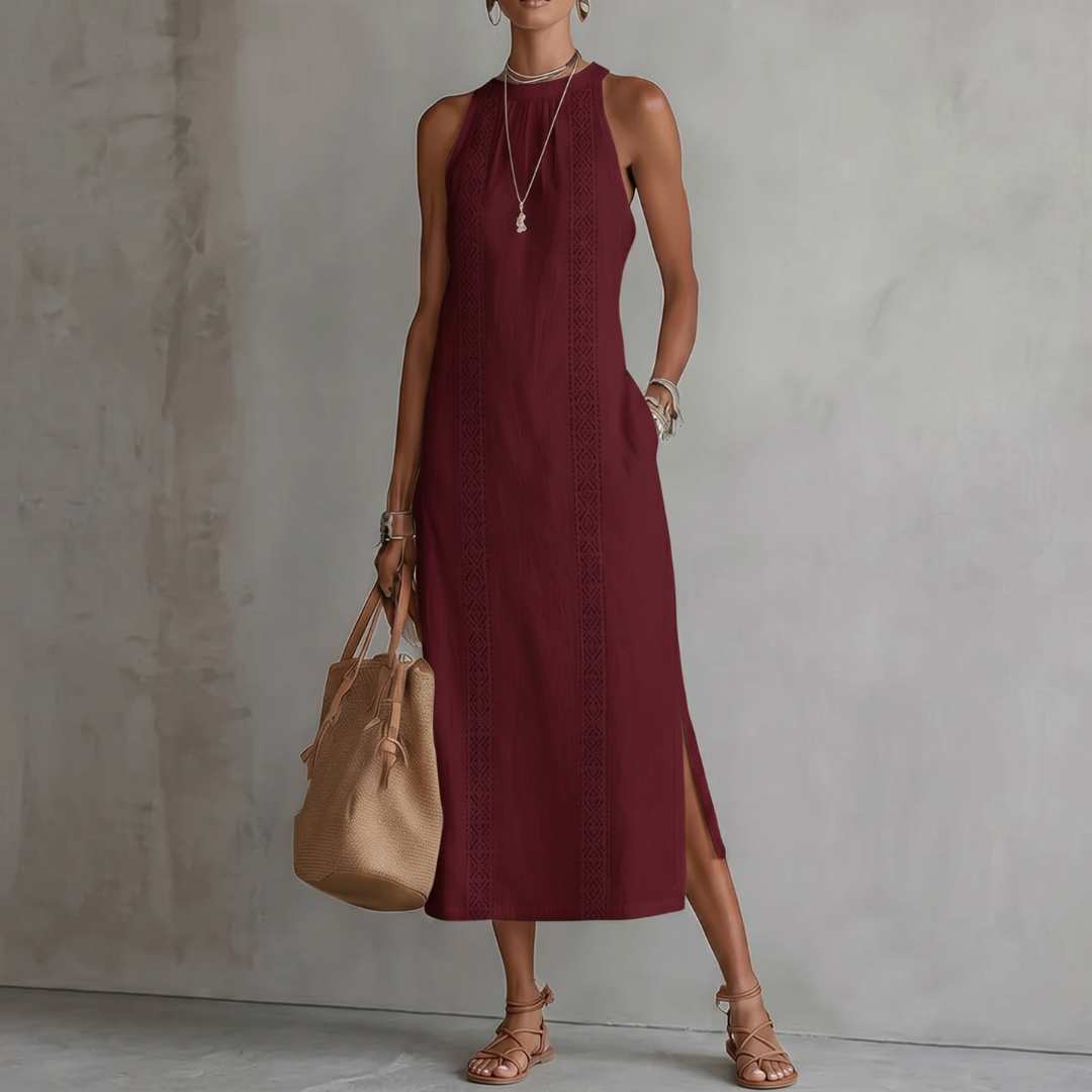 Chiara | Abito midi in lino con colletto alla coreana