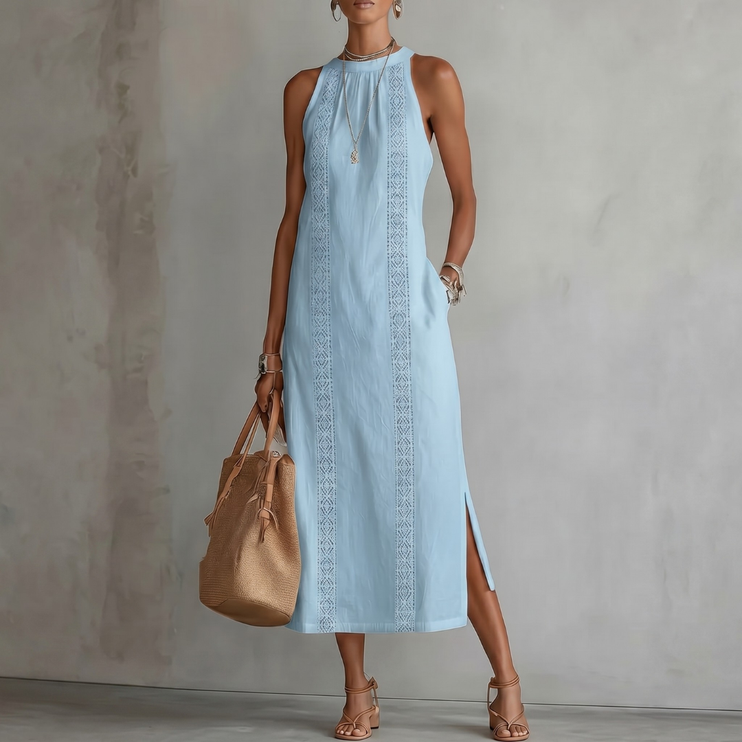 Chiara | Abito midi in lino con colletto alla coreana