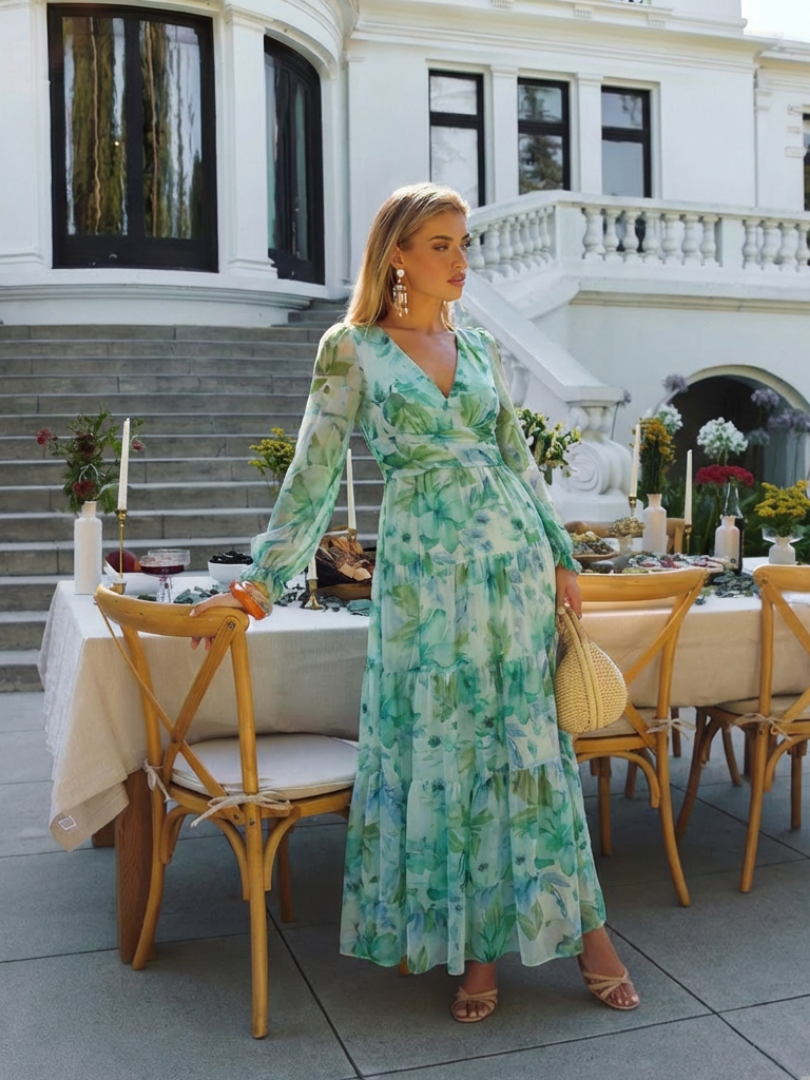 Ginevra | Abito maxi floreale con maniche lunghe