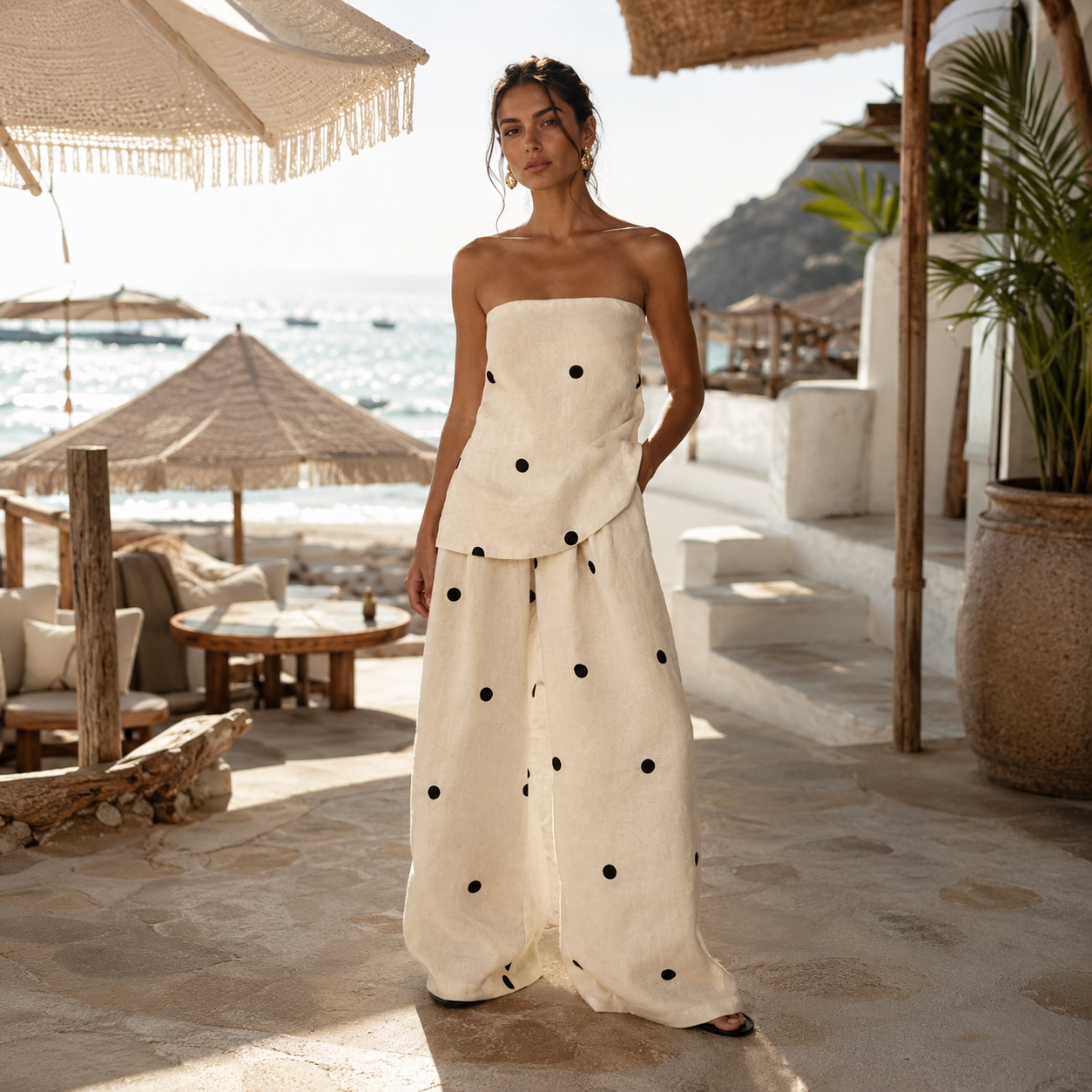 Bianca | Completo fluido a pois con spalle scoperte