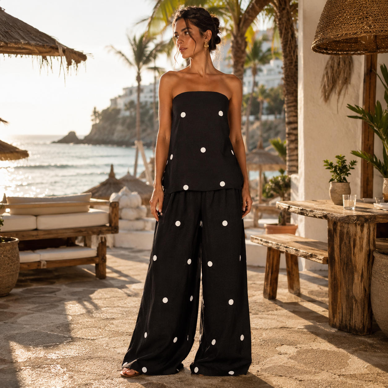 Bianca | Completo fluido a pois con spalle scoperte