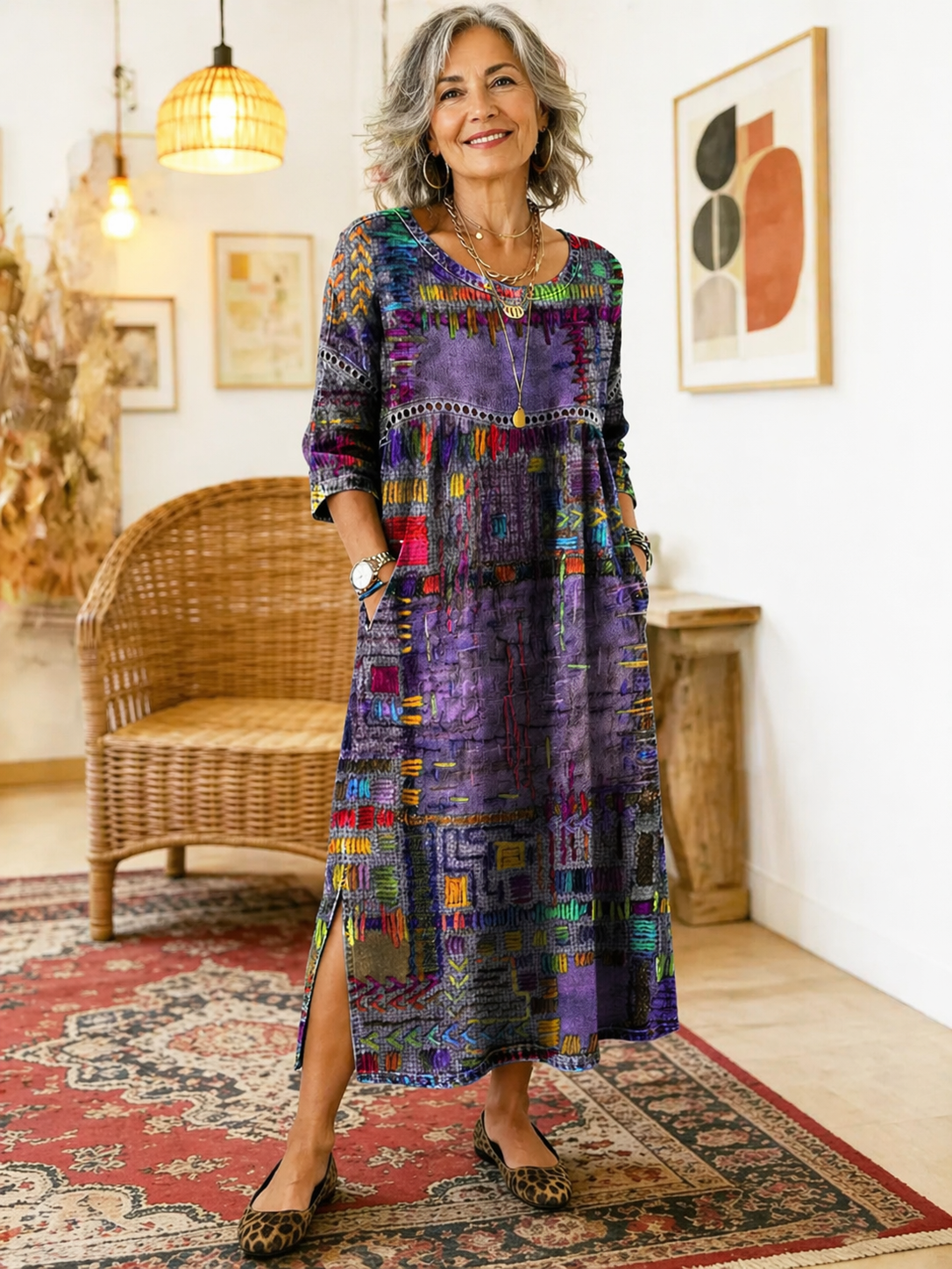 Aurora | Abito midi con stampa patchwork artistica