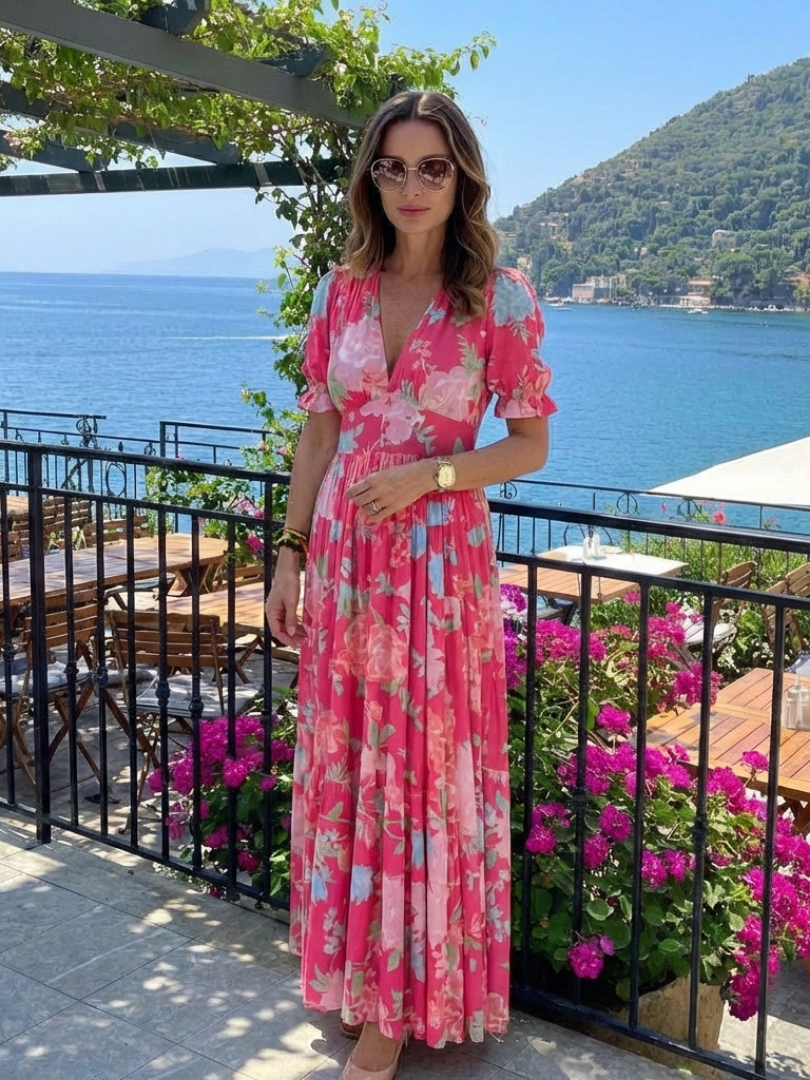 Giada | Abito maxi floreale con vita arricciata