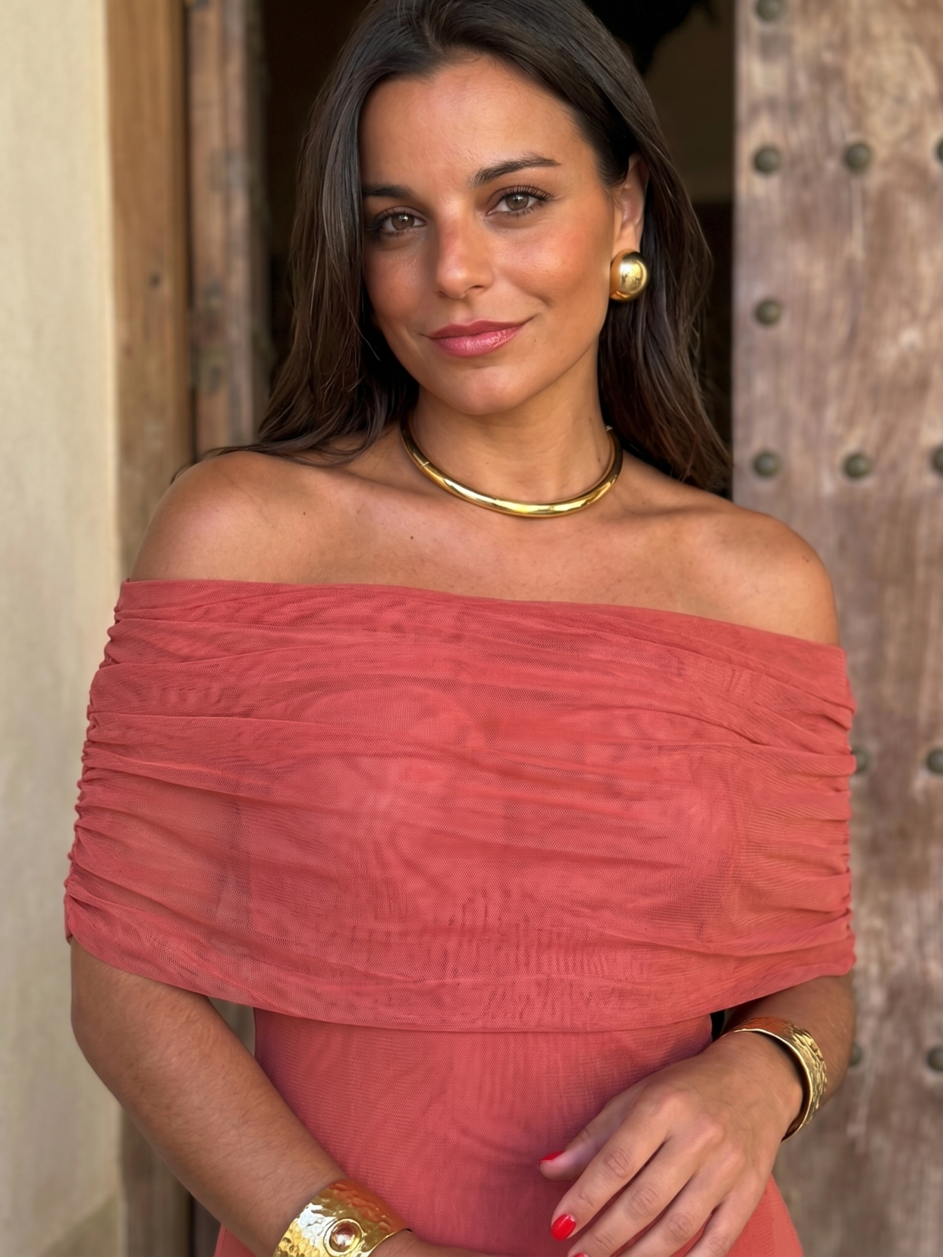 Ginevra | Abito lungo elegante con scollo bardot in tulle leggero