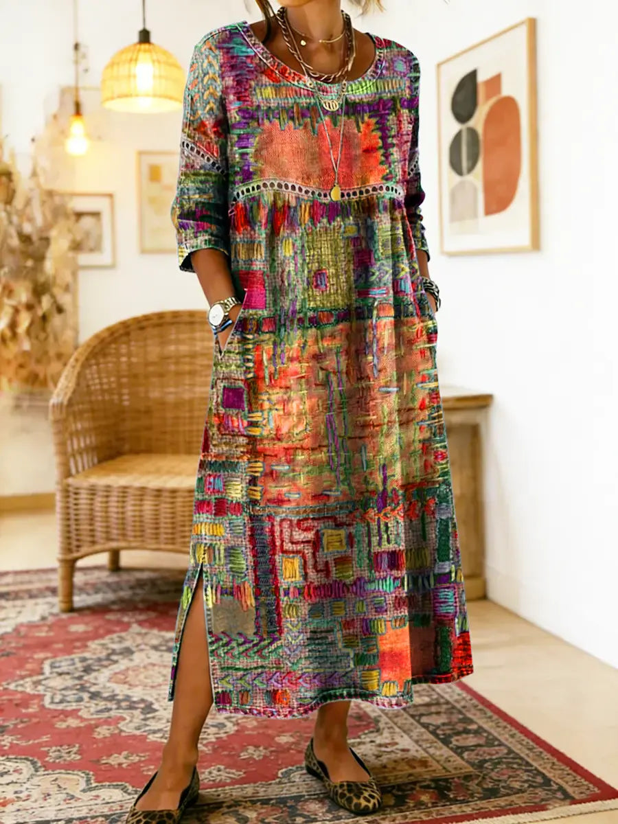 Aurora | Abito midi con stampa patchwork artistica