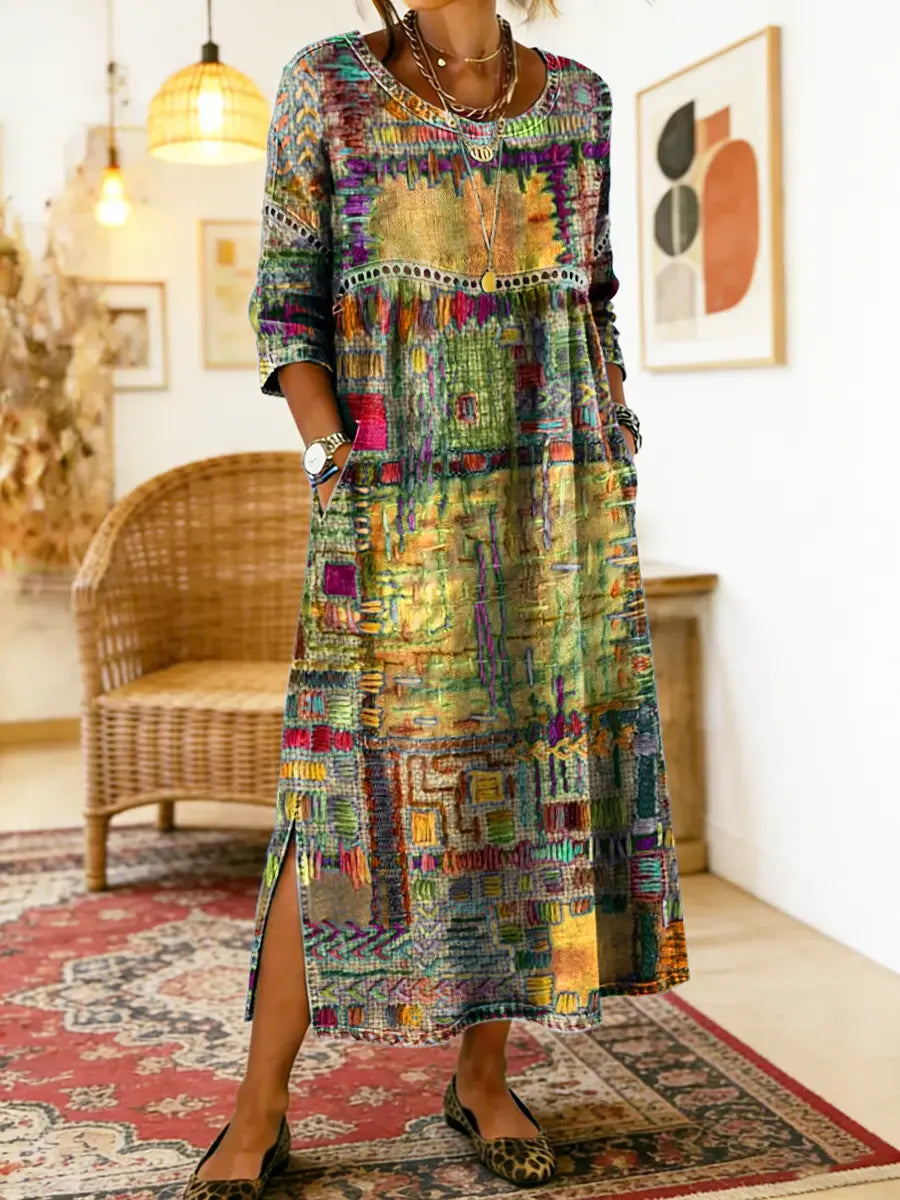 Aurora | Abito midi con stampa patchwork artistica