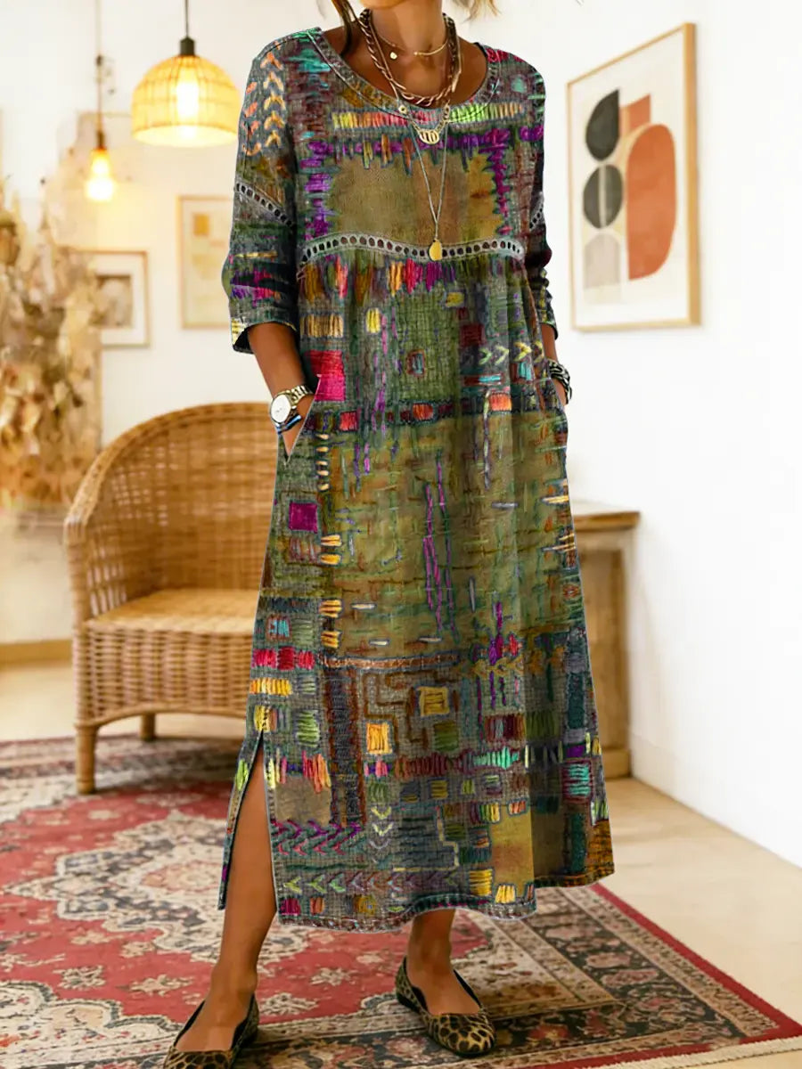 Aurora | Abito midi con stampa patchwork artistica