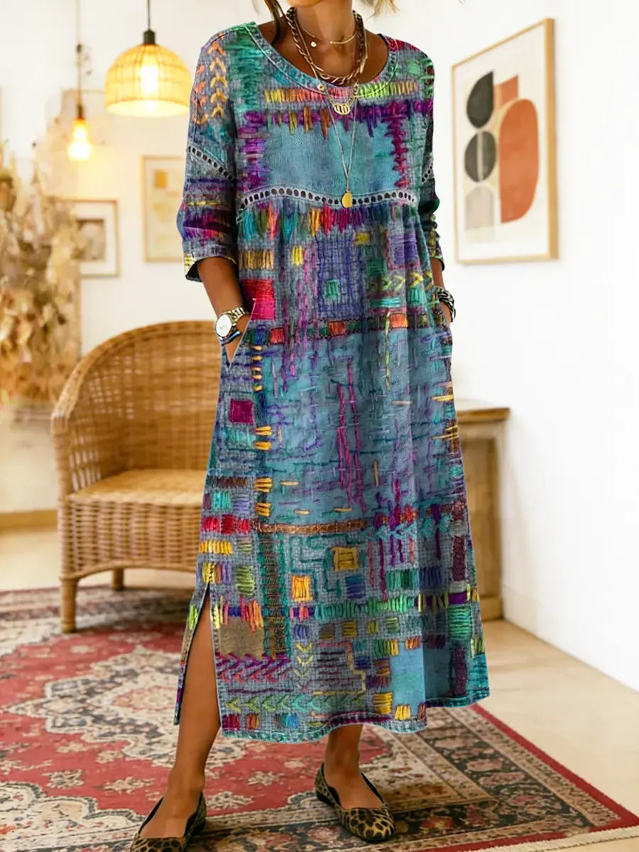 Aurora | Abito midi con stampa patchwork artistica