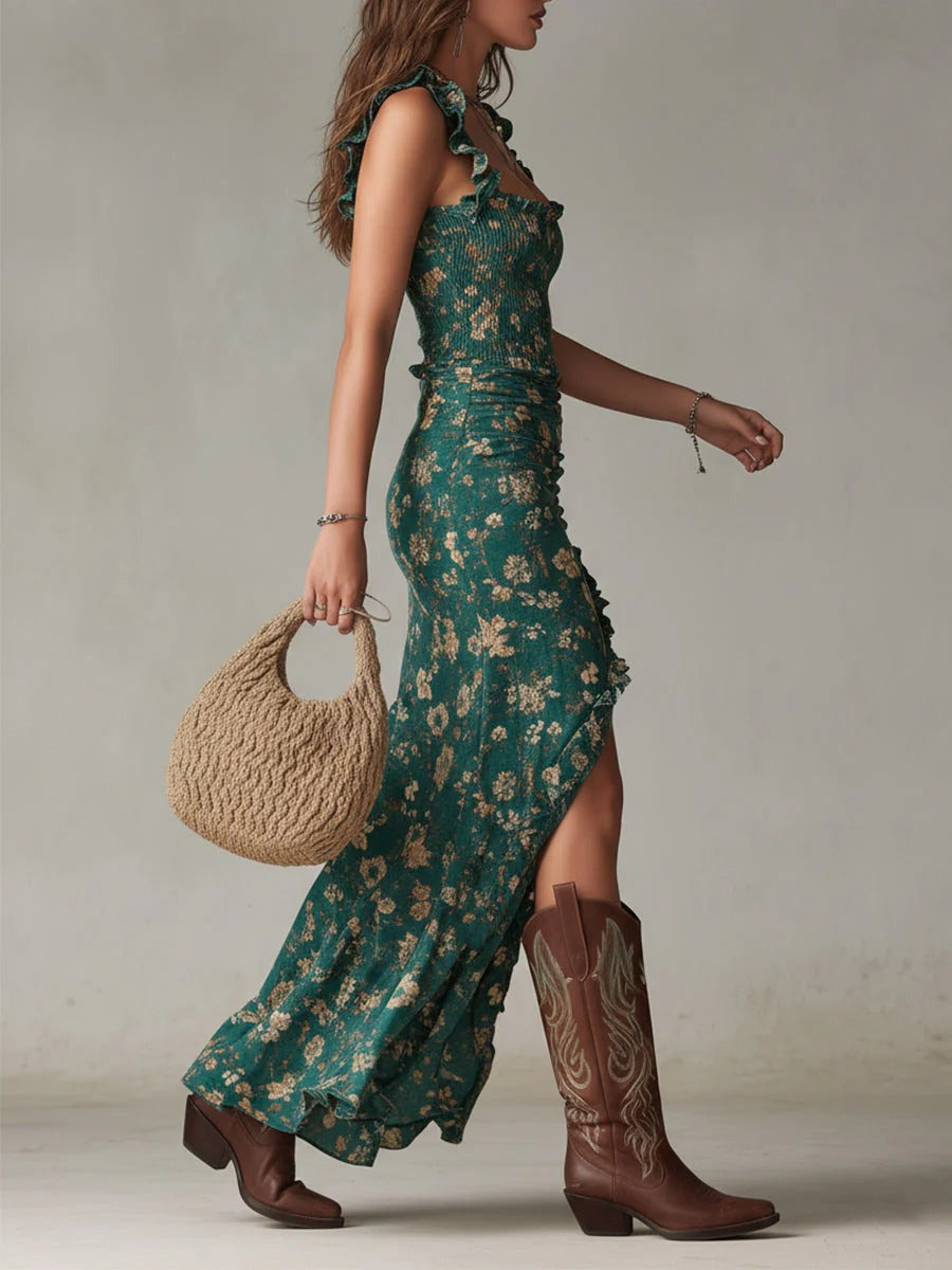 Mirea | Vestito maxi boho retro con maniche fluide e apertura laterale