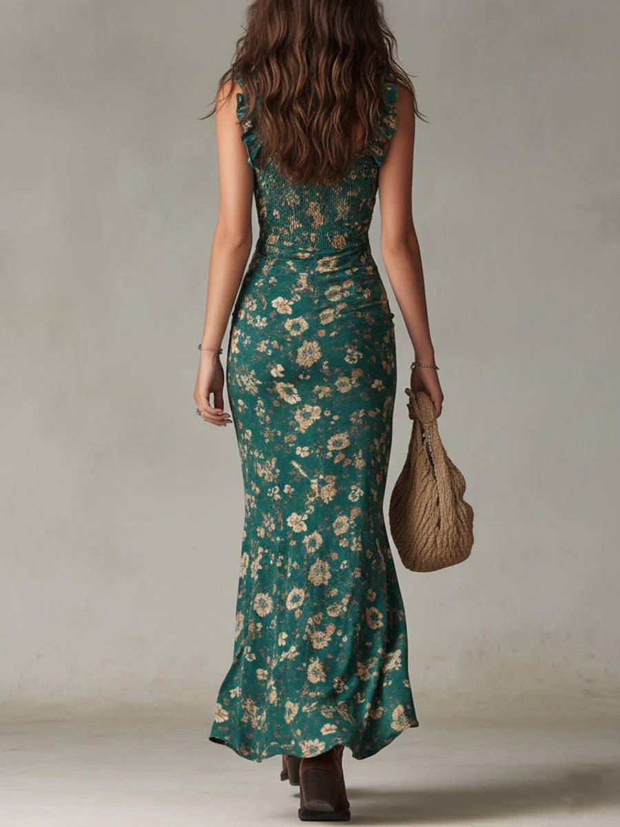 Mirea | Vestito maxi boho retro con maniche fluide e apertura laterale