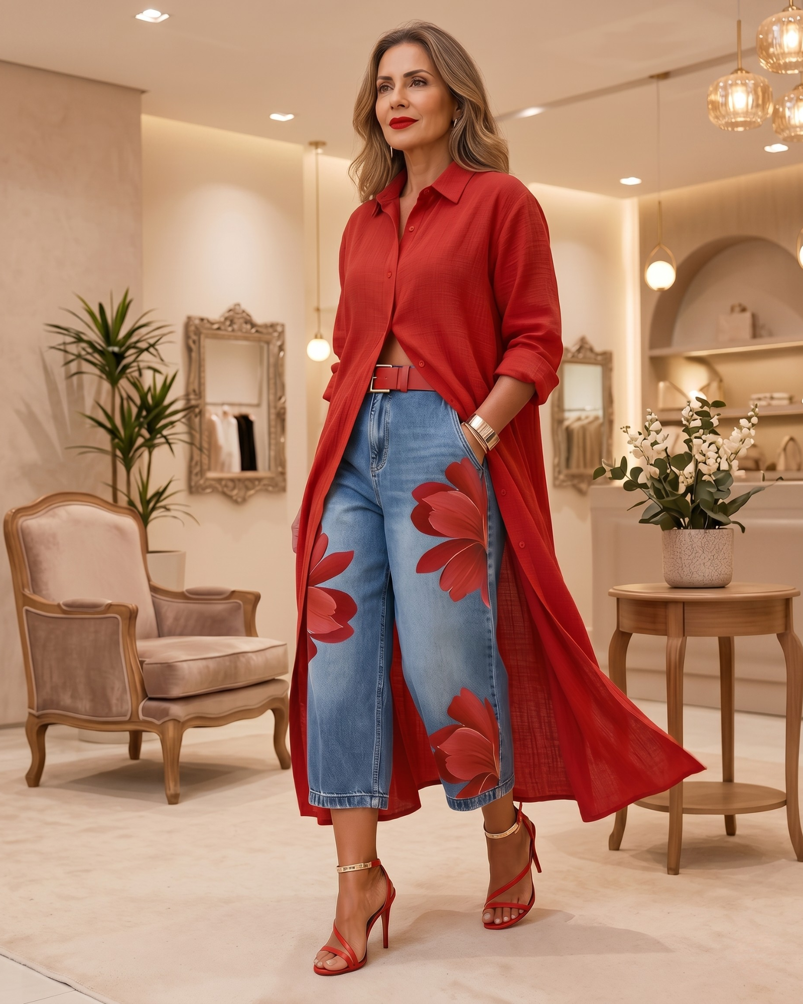 Valeria | Completo elegante con maxi camicia rossa e jeans floreali