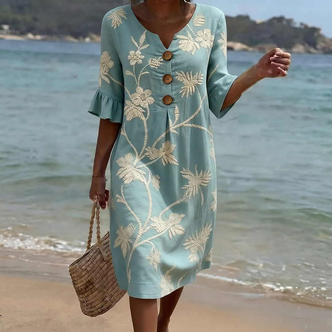 Giada | Abito midi floreale con bottoni decorativi