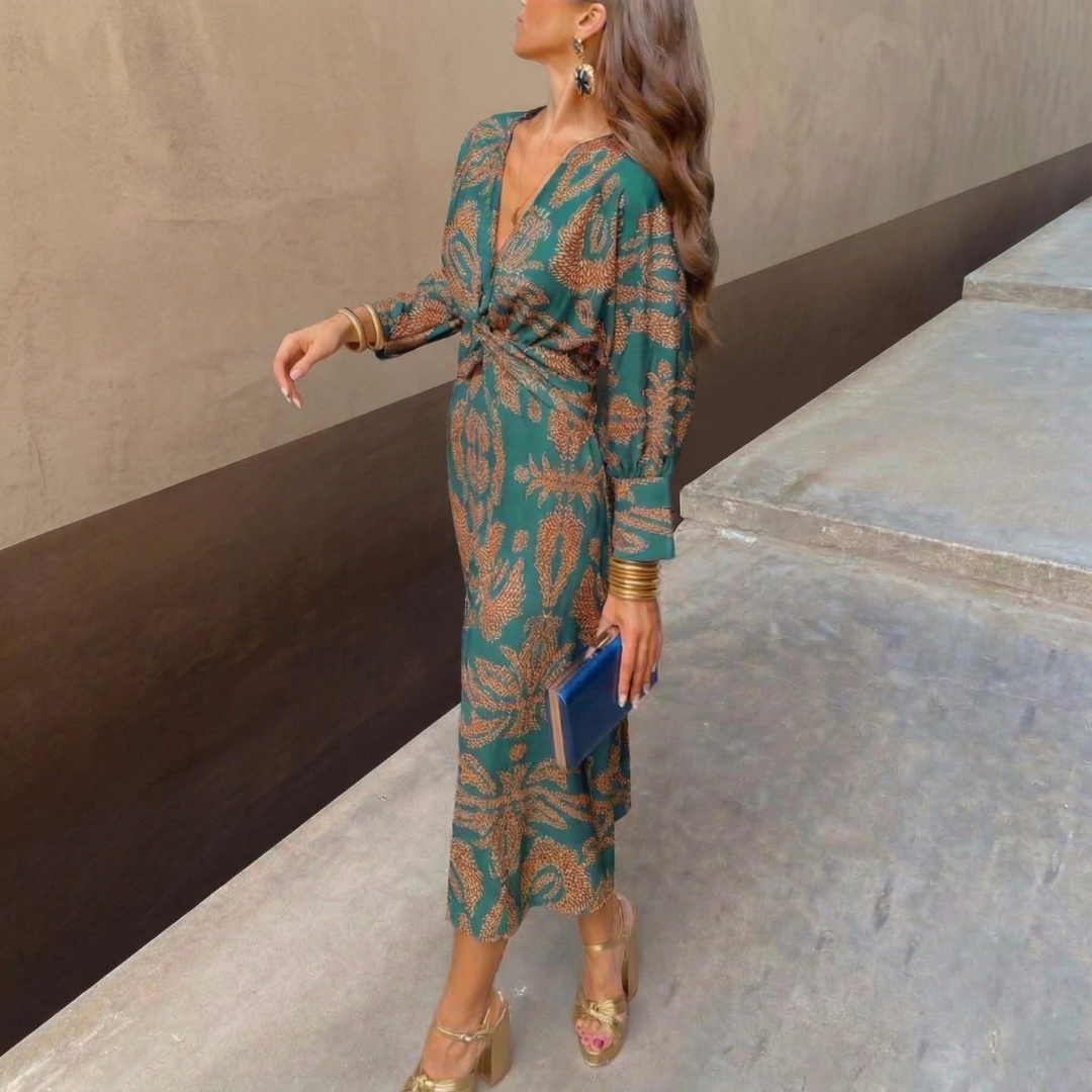 Isadora™ – Abito Midi Elegante con Nodo in Vita e Stampa Artistica