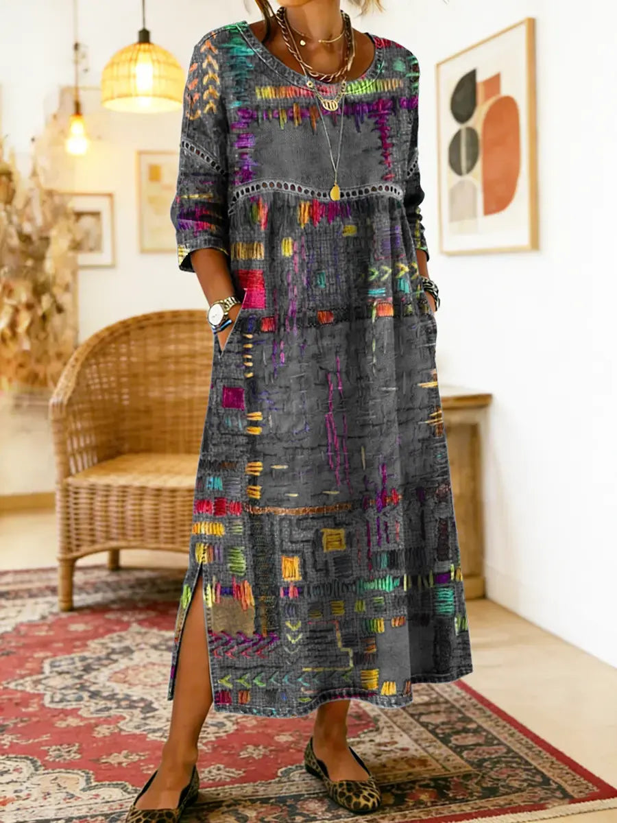 Aurora | Abito midi con stampa patchwork artistica
