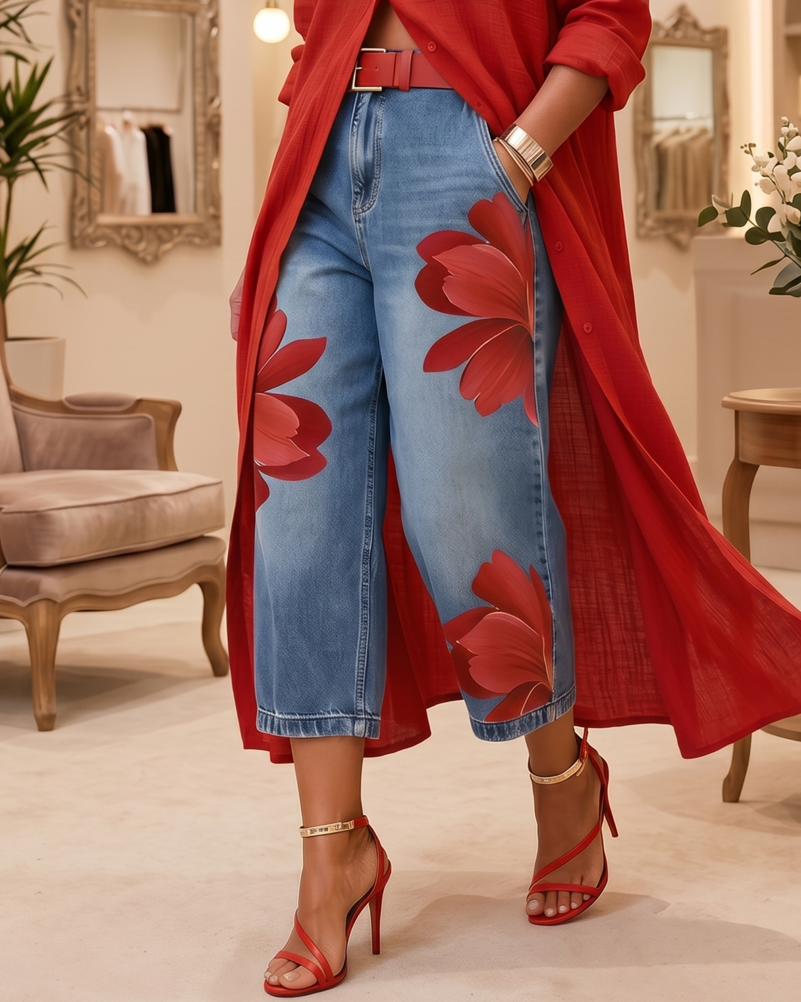 Valeria | Completo elegante con maxi camicia rossa e jeans floreali