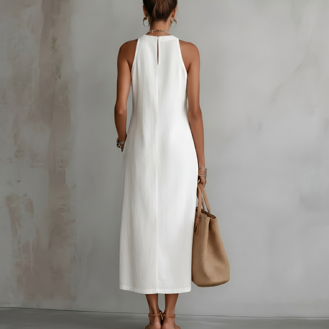 Chiara | Abito midi in lino con colletto alla coreana