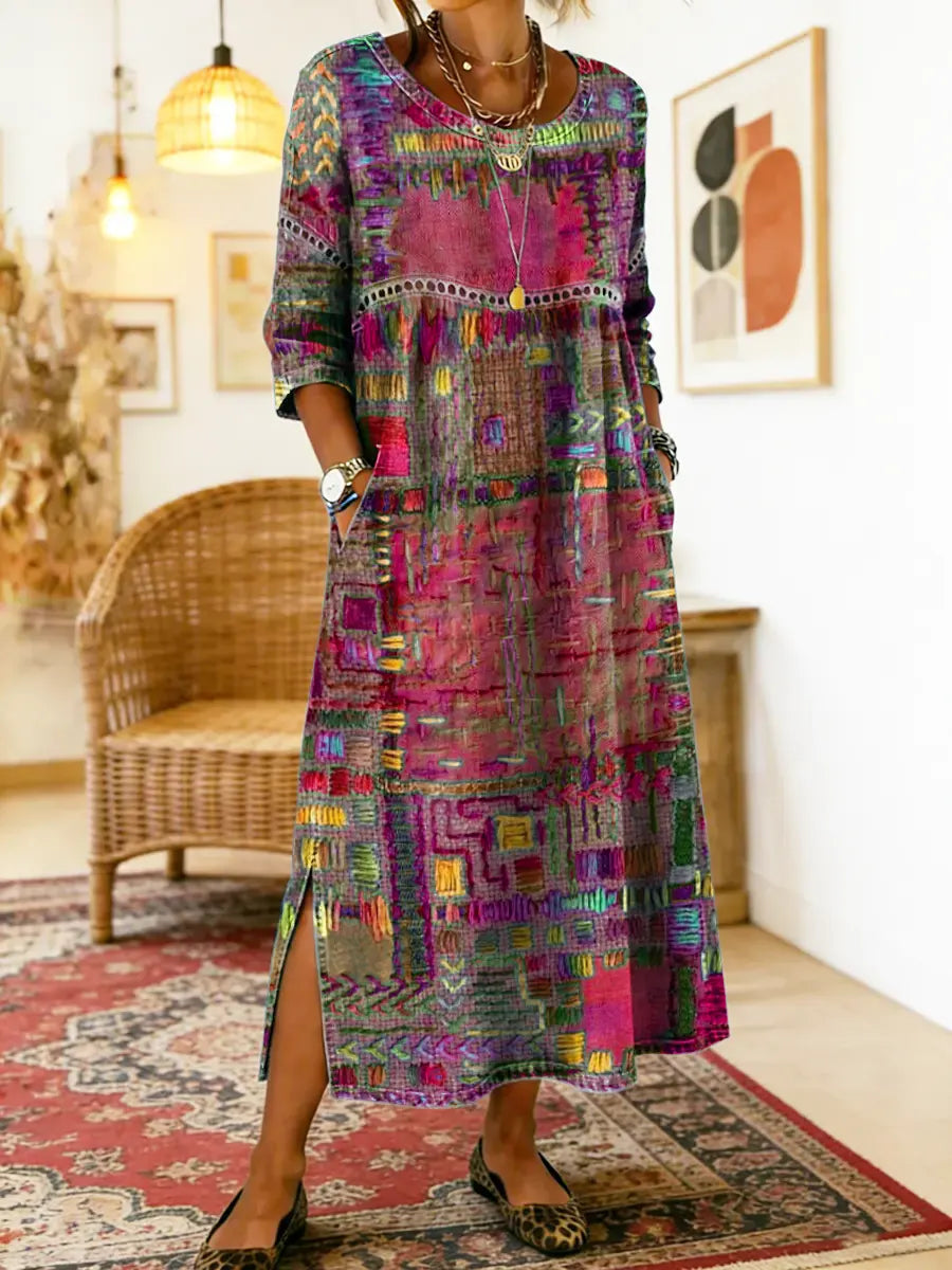 Aurora | Abito midi con stampa patchwork artistica