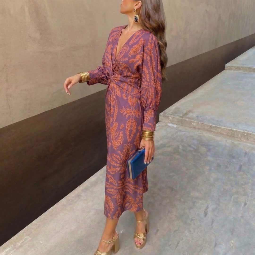 Isadora™ – Abito Midi Elegante con Nodo in Vita e Stampa Artistica