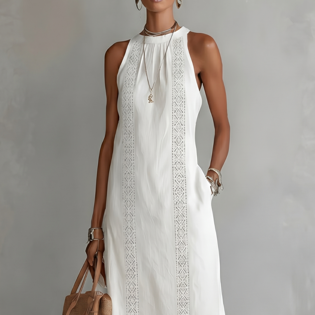Chiara | Abito midi in lino con colletto alla coreana