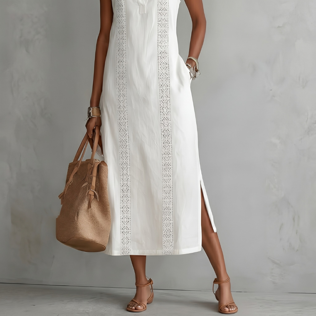 Chiara | Abito midi in lino con colletto alla coreana