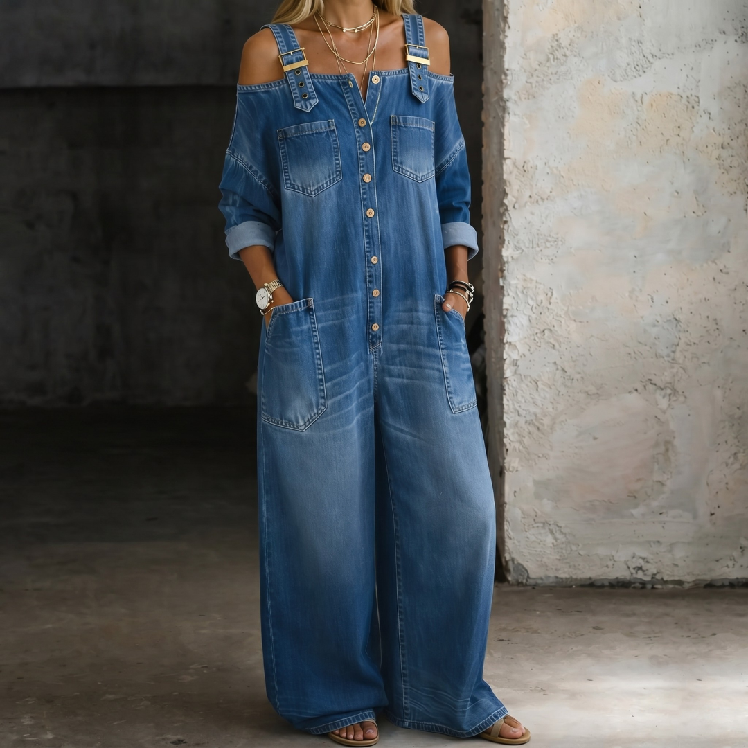 Caterina | Tuta ampia in denim con spalle scoperte