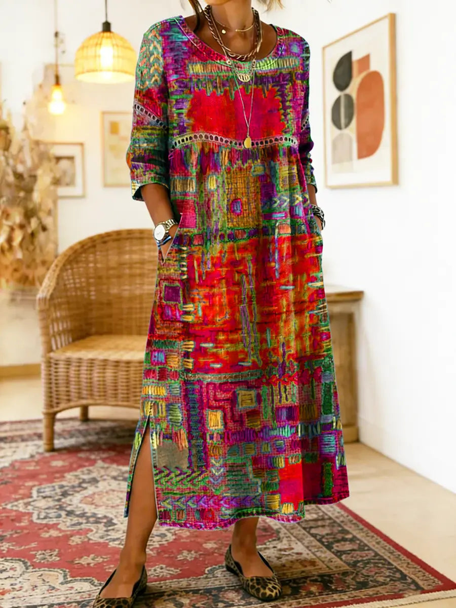 Aurora | Abito midi con stampa patchwork artistica