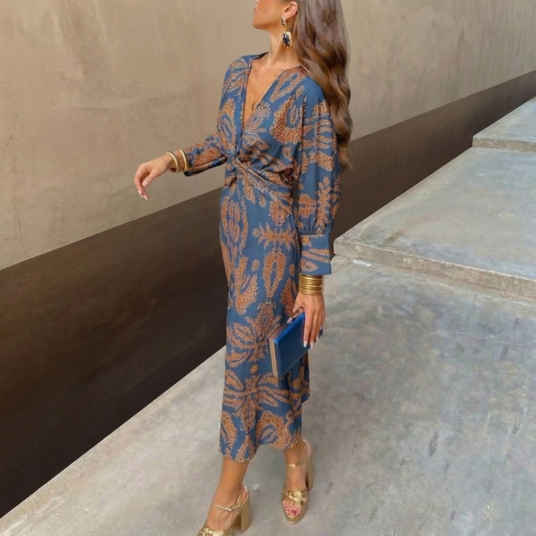 Isadora™ – Abito Midi Elegante con Nodo in Vita e Stampa Artistica