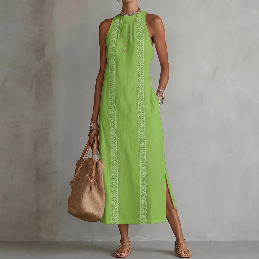 Chiara | Abito midi in lino con colletto alla coreana