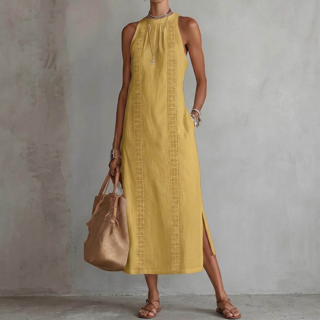 Chiara | Abito midi in lino con colletto alla coreana