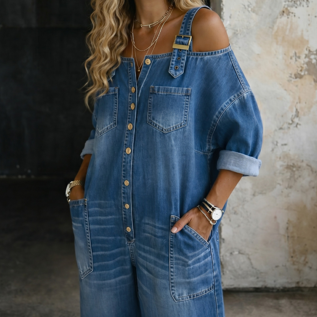 Caterina | Tuta ampia in denim con spalle scoperte