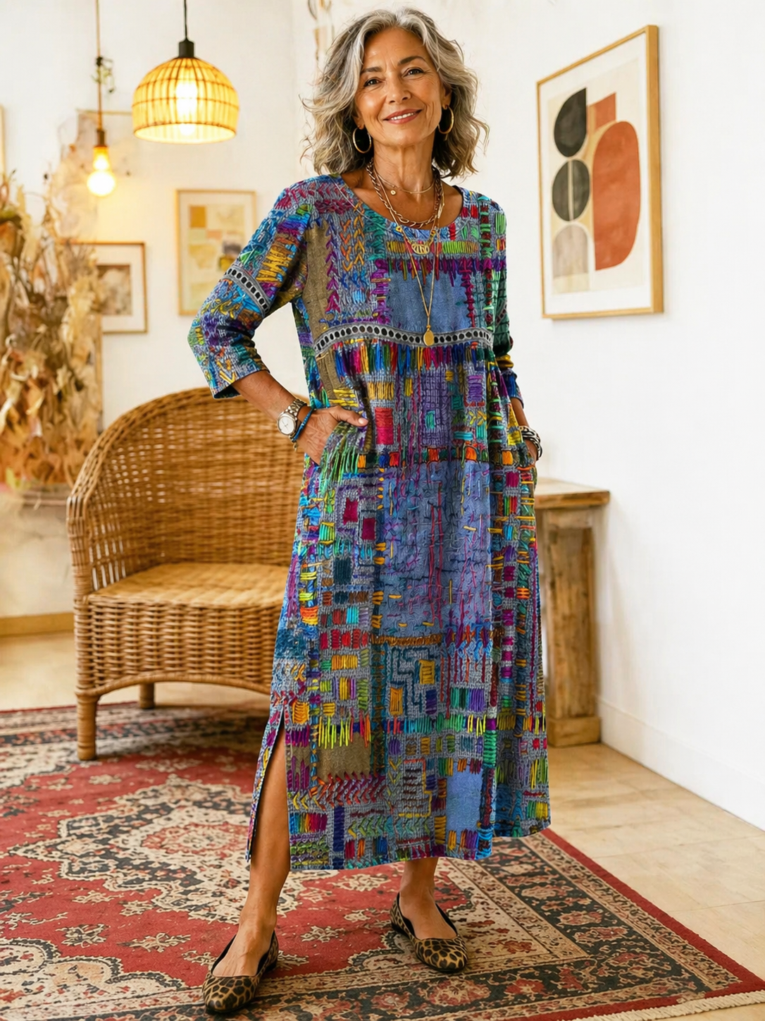 Aurora | Abito midi con stampa patchwork artistica