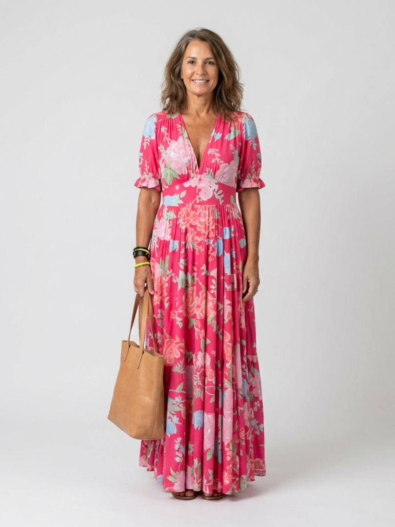 Giada | Abito maxi floreale con vita arricciata