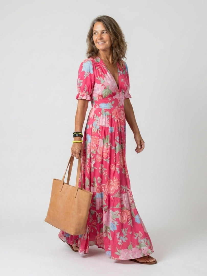 Giada | Abito maxi floreale con vita arricciata