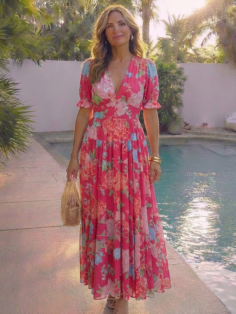 Giada | Abito maxi floreale con vita arricciata