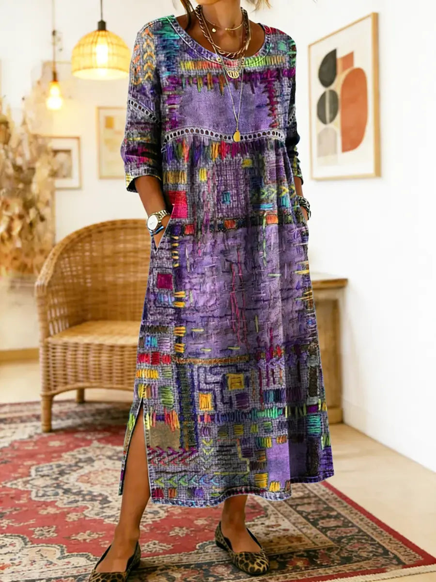 Aurora | Abito midi con stampa patchwork artistica