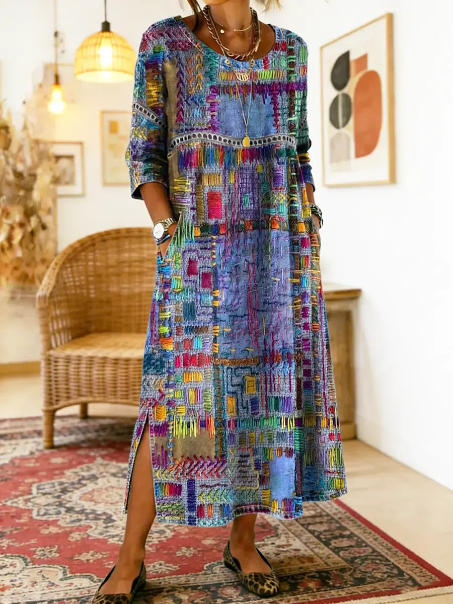 Aurora | Abito midi con stampa patchwork artistica