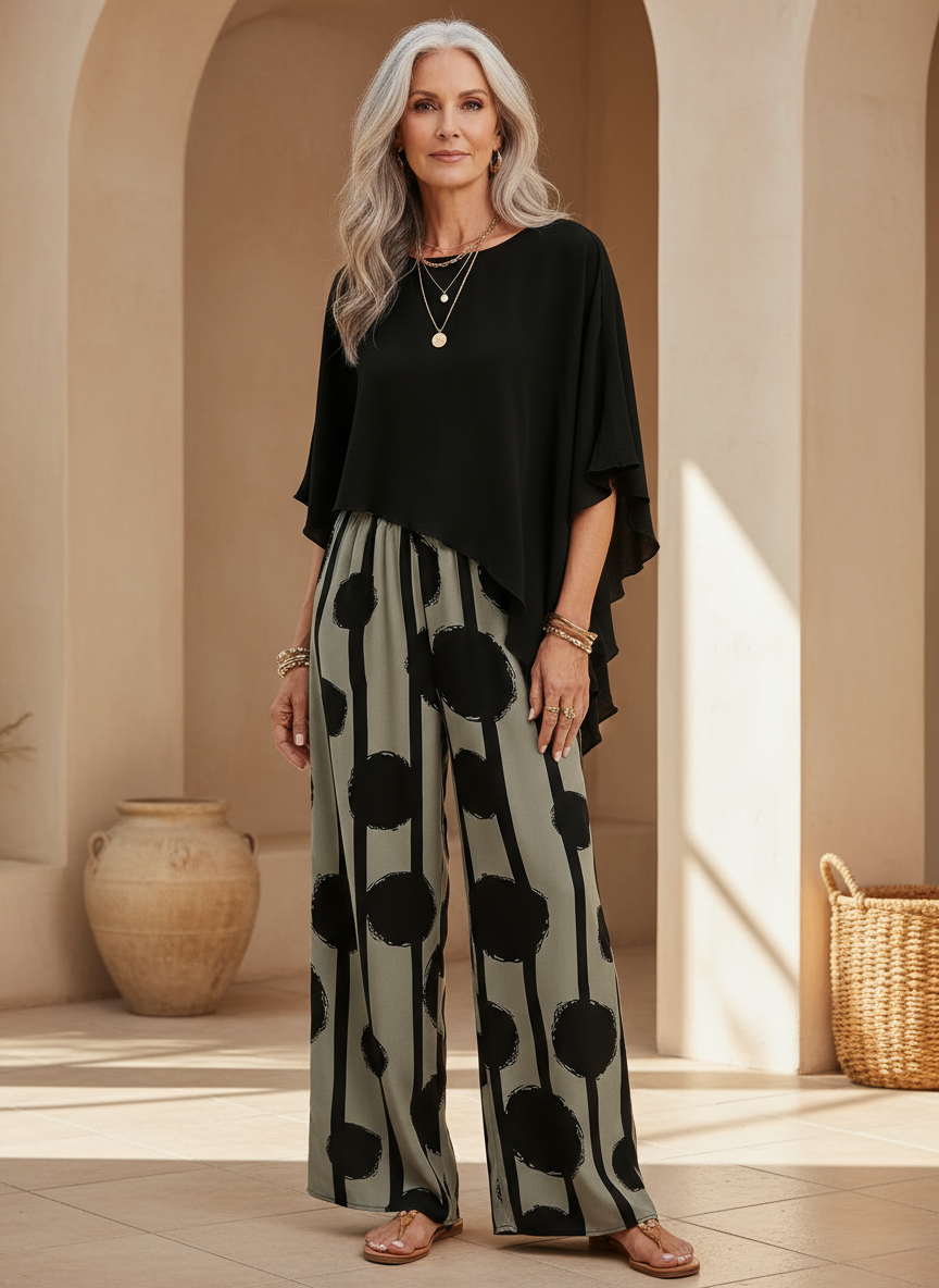 Sabrina | Completo fluido con pantaloni a pois artistici