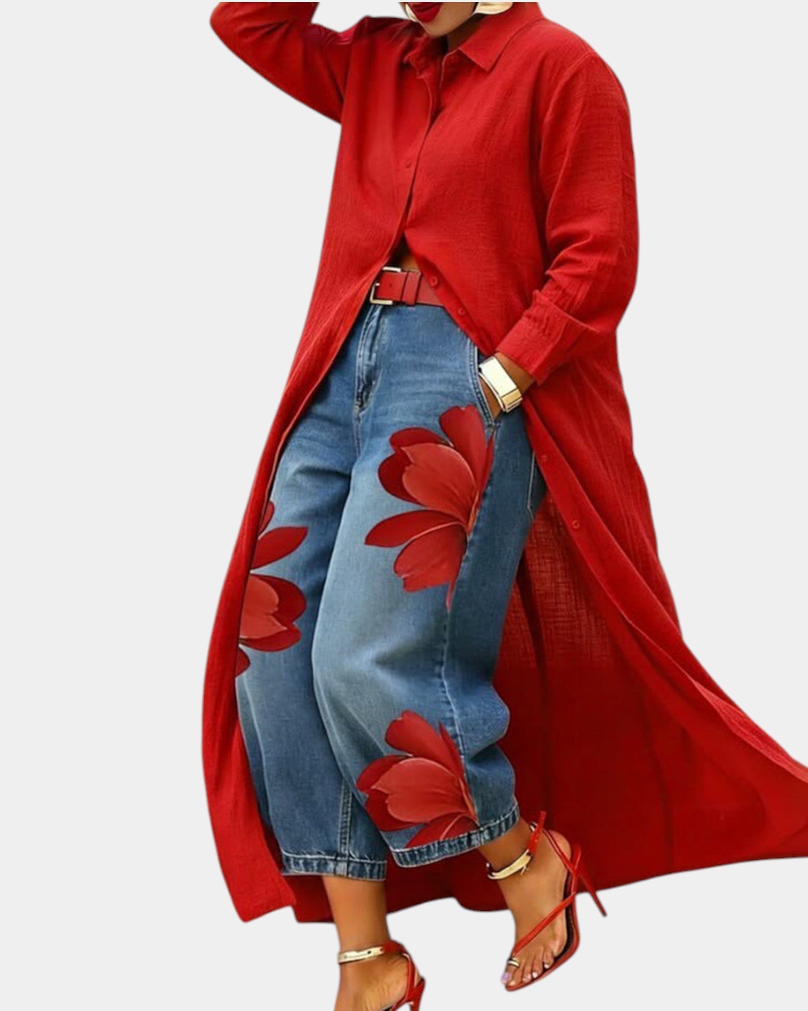 Valeria | Completo elegante con maxi camicia rossa e jeans floreali