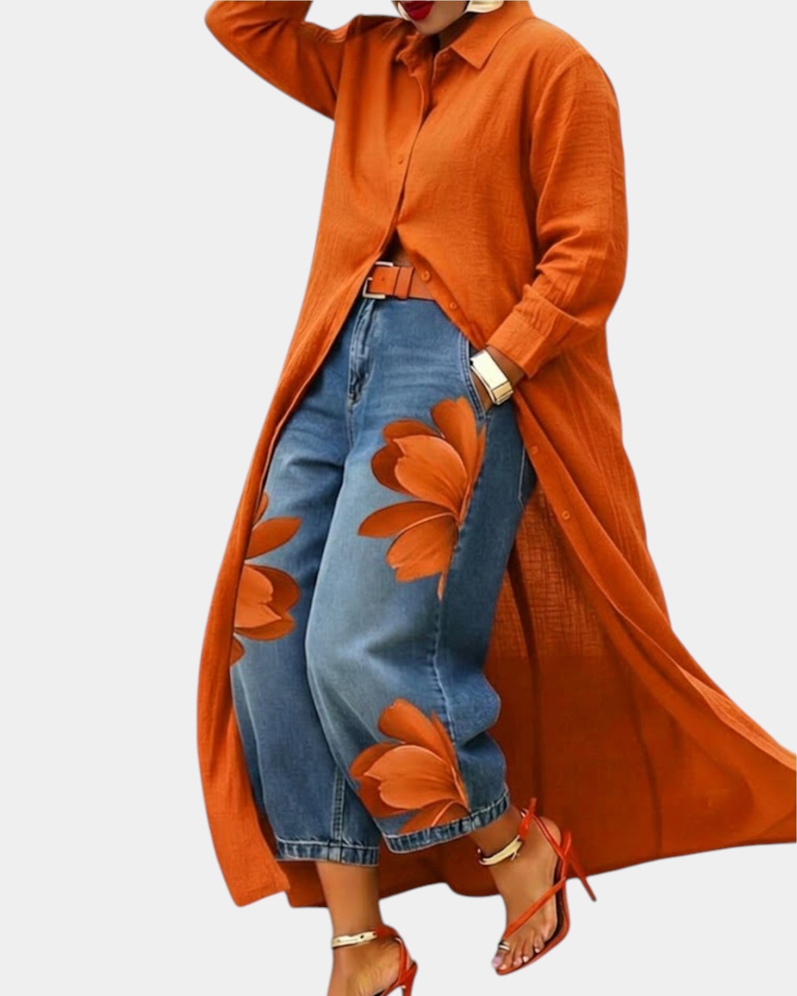Valeria | Completo elegante con maxi camicia rossa e jeans floreali