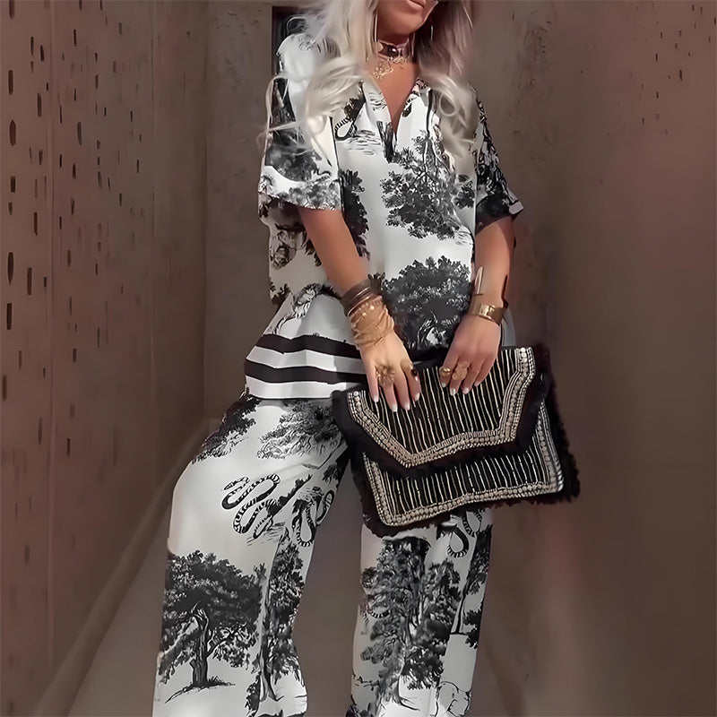 Linette™ Set Top Stampato con Collo a V e Pantaloni Lunghi